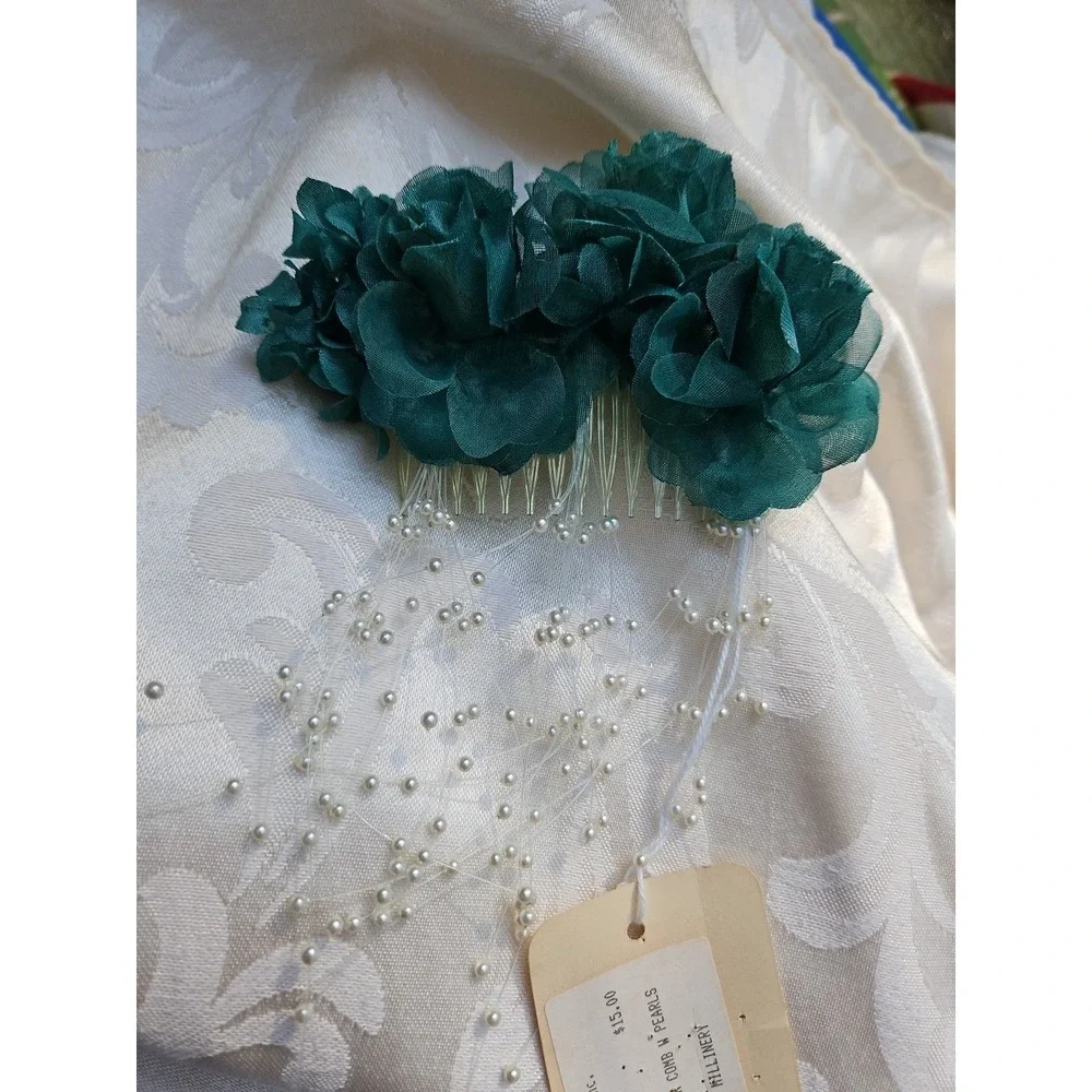 Vintage Hair Comb Teal Flowers Pearls‎ Spray Headpiece Formal Wedding Y2K